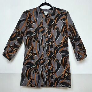 Jaclyn Smith Button Up Shirt Women Medium Gray Horse Bit‎ Equestrian Print Light